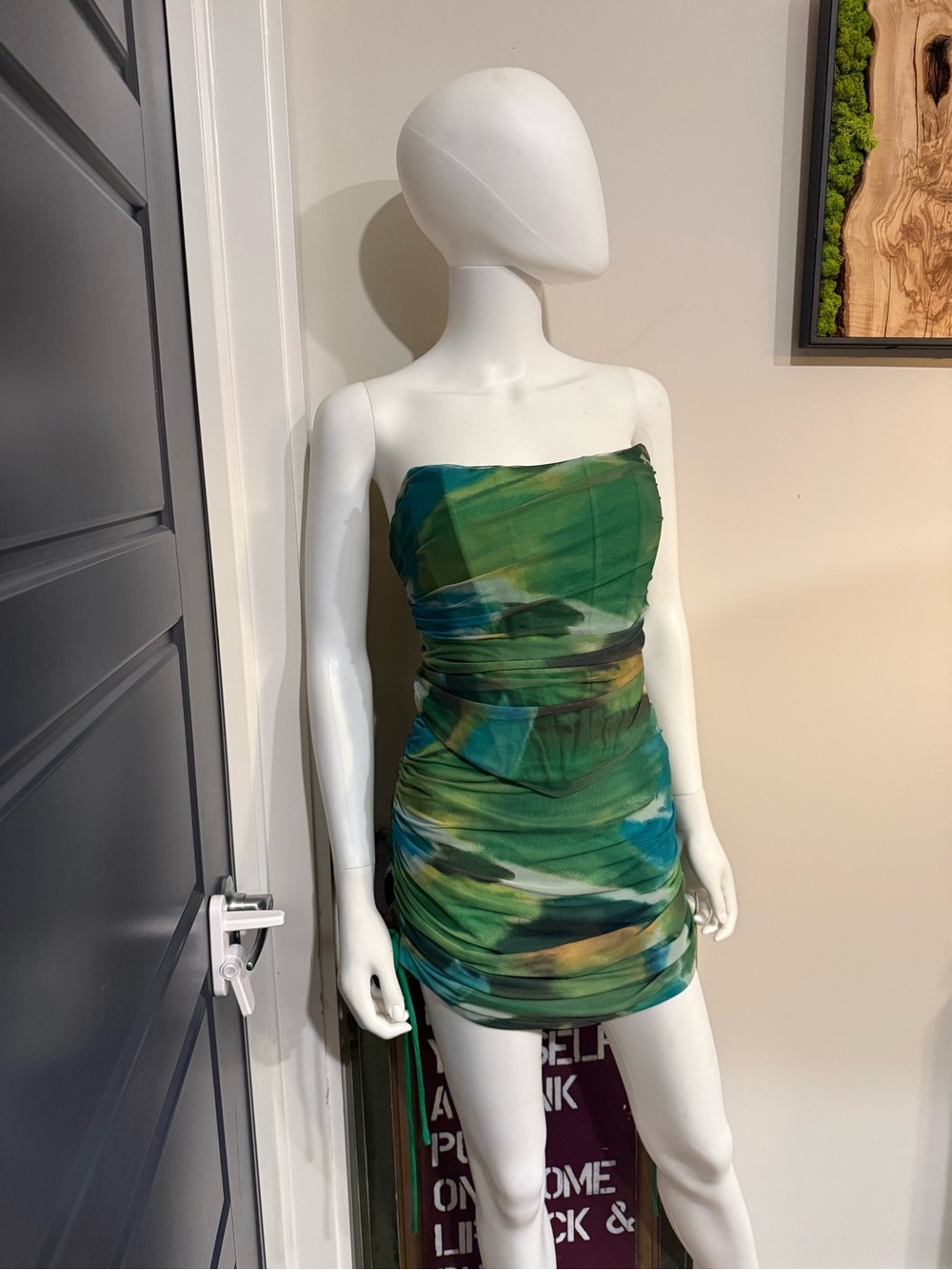 Pretty Little Thing Corset Top Green & Blue Watercolor Ruched Mini Skirt Set